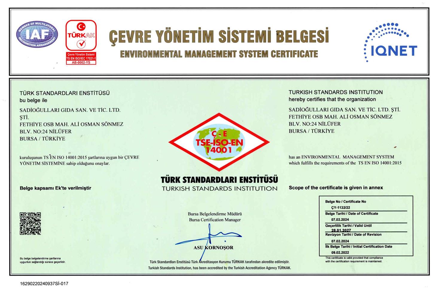 ISO 14001 certificate
